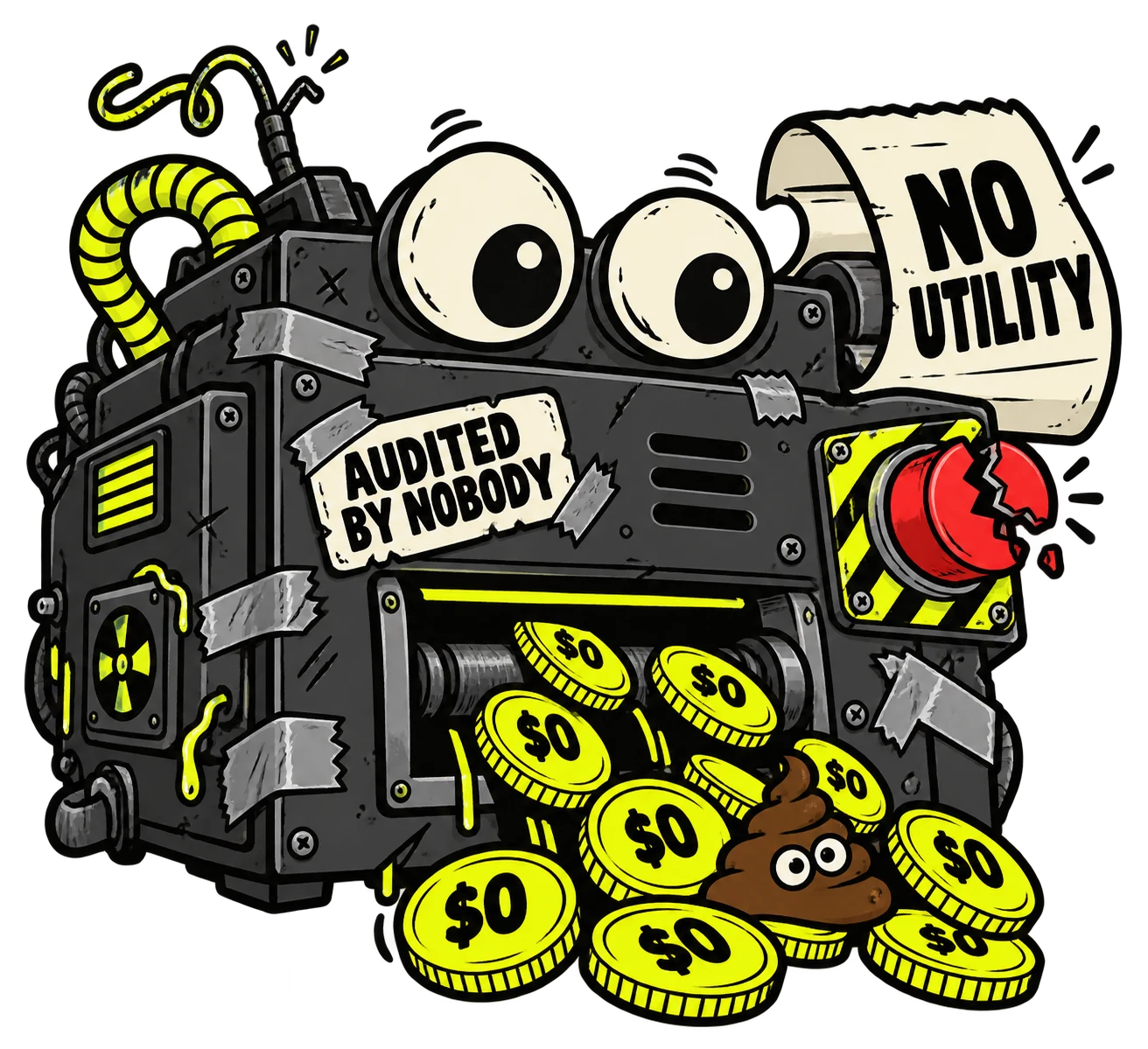 A googly-eyed, duct-taped printer spitting out worthless coins and cartoon poop.